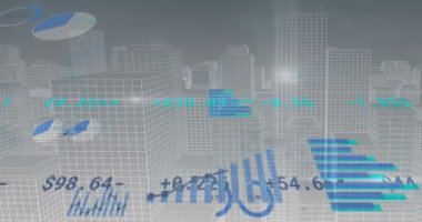 Şehir manzarası üzerinde finansal veri işleme animasyonu. Küresel finans, iş, bağlantılar, hesaplama ve veri işleme kavramı dijital olarak oluşturulmuş video.