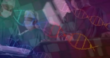 Hastanedeki çeşitli cerrahların üzerindeki DNA iplikçiklerinin canlandırılması. Küresel tıp, sağlık, bağlantılar, hesaplama ve veri işleme kavramı dijital olarak oluşturulmuş video.