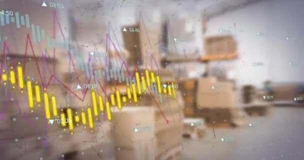 倉庫での金融データ処理のアニメーション グローバルな海運 ビジネス コネクション コンピューティング データ処理のコンセプトをデジタル生成したビデオ — ストック動画