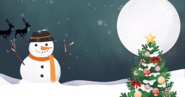 Kızak ve kış manzarasında Noel Baba 'nın üzerine yağan kar animasyonu. Noel, şenlik, kutlama ve gelenek konsepti dijital olarak oluşturuldu.
