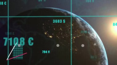 Finansal veri işleme animasyonu siyah arka planda dünya çapında. Küresel finans, iş, bağlantılar, hesaplama ve veri işleme kavramı dijital olarak oluşturulmuş video.