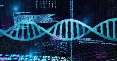 Siyah arka planda 5G ile veri işleme üzerinde DNA iplikçiklerinin animasyonu. Bilim, teknoloji, bilgisayar ve dijital arayüz konsepti dijital olarak oluşturulmuş video.