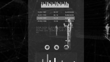 Siyah arkaplan üzerinde veri işleme animasyonu. Küresel finans, iş, bağlantılar, hesaplama ve veri işleme kavramı dijital olarak oluşturulmuş video.