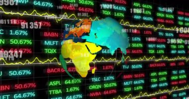 Siyah arkaplan üzerinden küresel ve finansal veri işleme animasyonu. Küresel iş, bağlantılar, bulut hesaplama ve veri işleme kavramı dijital olarak oluşturulmuş video.