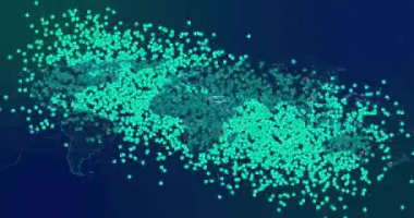 Veri işleme ve dünya haritasının üzerindeki DNA iplikçiklerinin animasyonu. Küresel bilim, araştırma, bağlantılar, hesaplama ve veri işleme kavramı dijital olarak oluşturulmuş video.