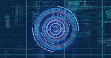 İletişim ağları ve işleme verileri üzerinde dairesel tarayıcının animasyonu. Veri, iş dünyası, ağlar, dijital arayüz ve küresel iletişim, dijital olarak oluşturulmuş video.