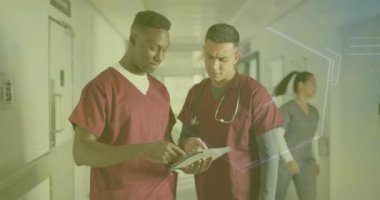 Hastanedeki çeşitli doktorlarda veri işleme animasyonu. Küresel tıp, sağlık, bağlantılar, hesaplama ve veri işleme kavramı dijital olarak oluşturulmuş video.