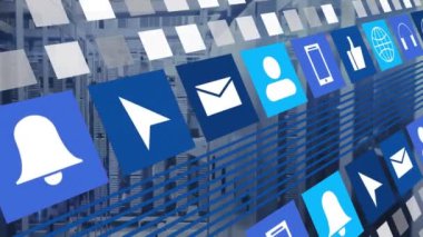 Bilgisayar sunucuları üzerinde dijital simgelerin ve veri işlemlerinin animasyonu. Küresel iş, bağlantılar, bulut hesaplama ve veri işleme kavramı dijital olarak oluşturulmuş video.