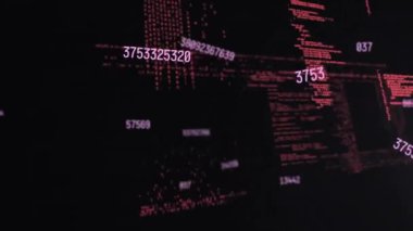 Siyah arkaplan üzerinde veri işleme ve numaraların animasyonu. Küresel iş, finans, bağlantılar, bulut hesaplama ve veri işleme kavramı dijital olarak oluşturulmuş video.