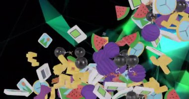 Siyah üzerine düşen ve toplayan üç boyutlu medya simgelerinin animasyonu. Retro, teknoloji, bağlantı, ağ, ortam ve dijital arayüz, dijital olarak oluşturulmuş video.