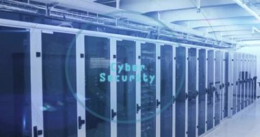 Bilgisayar sunucularında siber güvenlik veri işleme animasyonu. Dijital olarak oluşturulmuş küresel çevrimiçi güvenlik, bağlantılar, hesaplama ve veri işleme kavramı.