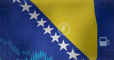 Bosna ve Herzegovina bayrağı üzerinde grafik, veri ve enerji simgelerinin canlandırılması. Ulusal ekonomi, seyahat, veri, finans, dijital arayüz, iş ve iletişim, dijital olarak oluşturulmuş video.