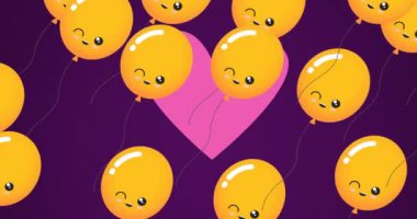 Mor arka planda balon ve pembe kalp animasyonu. Doğum günü, doğum günü partisi, şenlik, kutlama ve geleneksel konsept dijital olarak oluşturulmuş video.