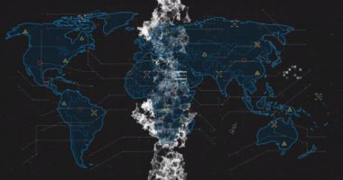 Veri işleme ve dünya haritasının üzerindeki DNA iplikçiklerinin animasyonu. Küresel bilim, araştırma, bağlantılar, hesaplama ve veri işleme kavramı dijital olarak oluşturulmuş video.