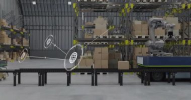 Deponun üzerindeki simgelerle bağlantı ağının animasyonu. Mağaza, teknoloji ve dijital arayüz kavramı, dijital olarak oluşturulmuş video.