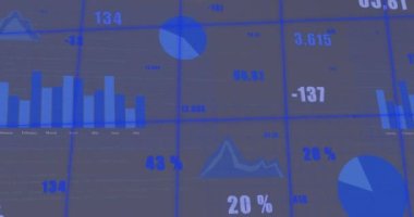 Gri arka planda finansal veri işleme animasyonu. Küresel finans, iş, bağlantılar, hesaplama ve veri işleme kavramı dijital olarak oluşturulmuş video.
