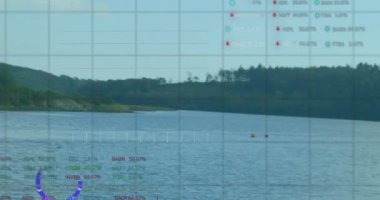 Veri işleme, borsa ve manzara üzerindeki diyagramların animasyonu. Küresel iş, doğa ve dijital arayüz kavramı, dijital olarak oluşturulmuş video.