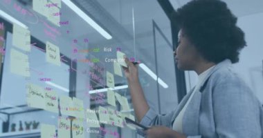 Tablet kullanan Afro-Amerikan iş kadınının veri işleme animasyonu. İş, iletişim, teknoloji, bilgisayar ve dijital arayüz kavramı dijital olarak oluşturulmuş video.