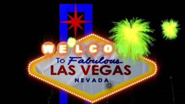 Las Vegas neon ışıklarına ve siyah arka planda havai fişeklere hoş geldiniz. Yeni yıl, yeni yıl arifesi, parti, kutlama ve geleneksel konsept dijital olarak oluşturulmuş video.
