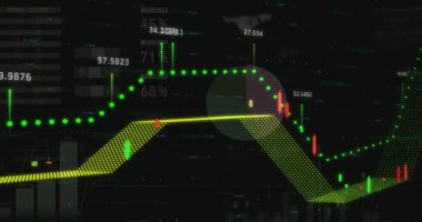 Veri işleme ve karanlık arka plan istatistiklerinin animasyonu. Küresel eğitim, işletme, bağlantılar, hesaplama ve veri işleme kavramı dijital olarak oluşturulmuş video.