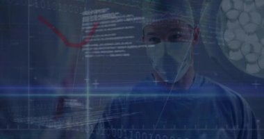 Kafkas erkek cerrah üzerinden finansal veri işleme animasyonu. Küresel iş, bağlantılar, hesaplama ve veri işleme kavramı dijital olarak oluşturulmuş video.