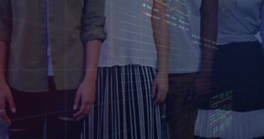 Ofisteki çeşitli erkek ve kadın meslektaşlar üzerinde finansal veri işleme animasyonu. Küresel iş, finans, bilgisayar ve dijital arayüz kavramı dijital olarak oluşturulmuş video.