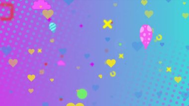 Sarı ve mavi kalplerin animasyonu, pembe bulutlar ve soyut şekiller renkli desenler üzerinde. Sevgi, veri, bağlantı, işleme ve iletişim dijital olarak oluşturulmuş video.