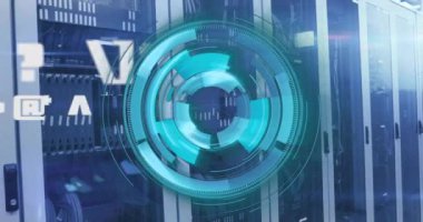 Animation of scope scanning and data processing over server room. Global technology, computing and digital interface concept digitally generated video.