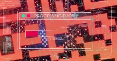 Ekran ve devre kartı üzerinde metin ve veri işleme animasyonu. Dijital olarak oluşturulmuş küresel bağlantılar, hesaplama ve veri işleme kavramı.
