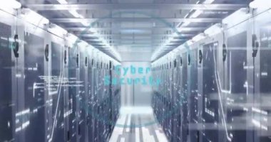 Bilgisayar sunucularında siber güvenlik veri işleme animasyonu. Dijital olarak oluşturulmuş küresel çevrimiçi güvenlik, bağlantılar, hesaplama ve veri işleme kavramı.