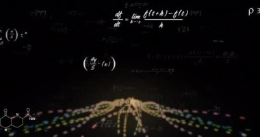 Matematiksel veri işleme animasyonunun siyah arka plandaki ışık yollarının üzerinde gerçekleşmesi. Küresel bilim, işletme, finans, bağlantılar, hesaplama ve veri işleme kavramı dijital olarak oluşturulmuş video.