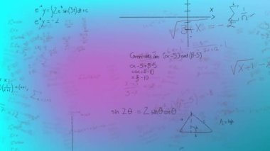 Mavi ve mor arkaplandaki matematiksel denklemlerin animasyonu. Denklemler, hesaplama ve dijital arayüz kavramı dijital olarak oluşturulmuş video.