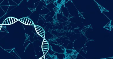 Karanlık arka planda parlayan ışık izleriyle dönen DNA ipliklerinin animasyonu. Küresel bilim, araştırma ve veri işleme kavramı dijital olarak oluşturulmuş video.