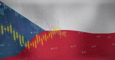 Czechia bayrağı üzerinde grafik işleme verilerinin animasyonu. Ulusal ekonomi, seyahat, veri, finans, dijital arayüz, iş ve iletişim, dijital olarak oluşturulmuş video.