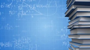Kitapların üzerinde matematiksel veri işleme animasyonu. Küresel finans, iş, bağlantılar, hesaplama ve veri işleme kavramı dijital olarak oluşturulmuş video.