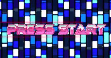 Basın başlangıç metninin canlandırması ve siyah arkaplan üzerinde mavi şekiller. Soyut arkaplan ve dijital arayüz kavramı, dijital olarak oluşturulmuş video.