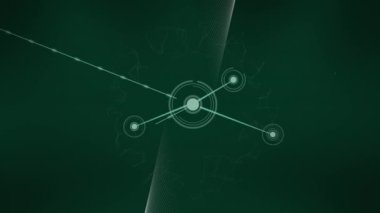 Dijital dalgalarla yeşil arkaplan arasındaki bağlantı ağının animasyonu. Küresel ağ ve iş teknolojisi kavramı