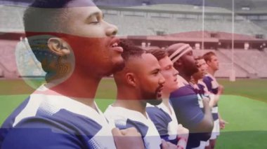 Kosta Rika bayrağının, çeşitli erkek rugby oyuncularının stadyumdaki marş eşliğinde canlandırılması. Küresel spor ve vatanseverlik kavramı, dijital olarak üretilen video.