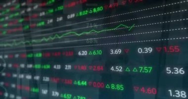 Ofisteki iş kadınıyla ilgili finansal veri işleme animasyonu. Küresel finans, iş, bağlantılar, hesaplama ve veri işleme kavramı dijital olarak oluşturulmuş video.