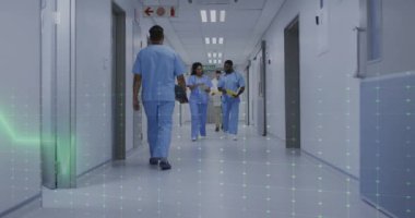 Hastanedeki çeşitli erkek ve kadın doktorlara karşı kalp atış hızı montiorunun animasyonu. Tıbbi sağlık ve araştırma teknolojisi kavramı