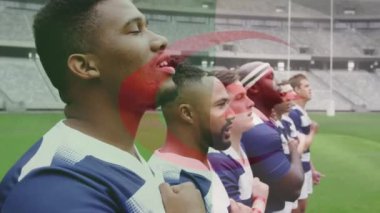 Çeşitli erkek rugby oyuncuları stadyumda marş söylerken Cezayir bayrağının animasyonu. Küresel spor ve vatanseverlik kavramı, dijital olarak üretilen video.