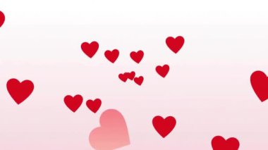 Gradyan arkaplan üzerinde çoklu kalp şekillerinin canlandırılması. Dijital olarak üretilmiş hologram, illüstrasyon, aşk, birliktelik, duygu simgeleri ve soyut kavram..