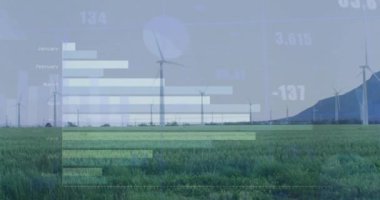 Rüzgar türbinleri üzerinde finansal veri işleme animasyonu. Küresel rüzgar enerjisi, iş, bağlantılar, hesaplama ve veri işleme kavramı dijital olarak oluşturulmuş video.