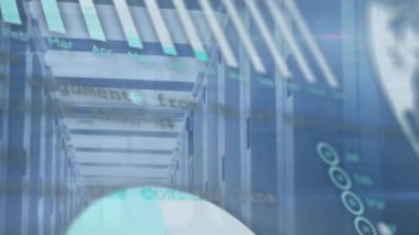 Sunucu odasındaki veri işleme ve diyagramlarının animasyonu. Küresel iş ve dijital arayüz kavramı, dijital olarak oluşturulmuş video.