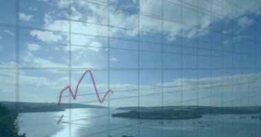 Veri işleme ve manzara üzerindeki diyagramların animasyonu. Küresel iş, doğa ve dijital arayüz kavramı, dijital olarak oluşturulmuş video.