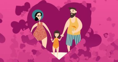 Pembe arka planda kızı olan mutlu aile yerine çoklu kalp animasyonu. Sevgililer günü, aşk ve kutlama konsepti, dijital olarak üretilen video.