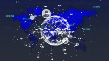 Dünya üzerindeki simgelerle bağlantı ağının animasyonu ve kara arkaplanda veri işleme. küresel bağlantılar, bilgisayar ve dijital arayüz konsepti dijital olarak oluşturulmuş video.