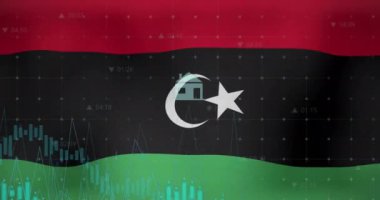 Libya bayrağı üzerinde grafik, veri ve enerji simgelerinin canlandırılması. Ulusal ekonomi, seyahat, veri, finans, dijital arayüz, iş ve iletişim, dijital olarak oluşturulmuş video.