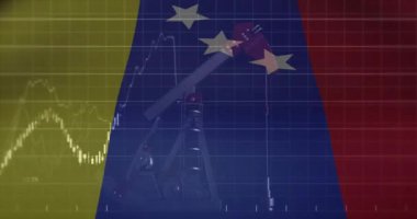 Petrol kulesi ve Venezuela bayrağı üzerinde finansal veri işleme animasyonu. Küresel finans, iş, bağlantılar, hesaplama ve veri işleme kavramı dijital olarak oluşturulmuş video.