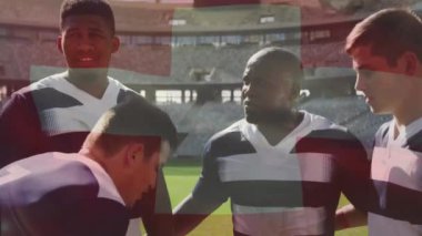 Stadyumda konuşan çeşitli erkek rugby oyuncuları üzerinde İsviçre bayrağı animasyonu. Küresel spor ve vatanseverlik kavramı, dijital olarak üretilen video.